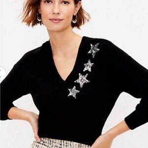 NWT Ann Taylor Loft Star Sequins Long Sleeves V - Neck Sweater Black Medium